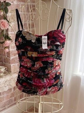 New Express M body contour bustier Black Floral Ruched Cami Top with Red & Pink